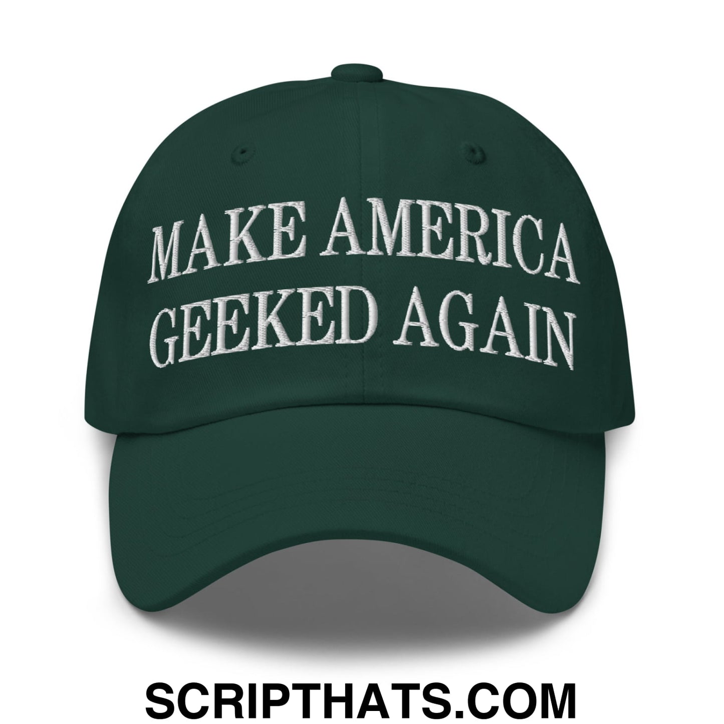 Dark green unstructured dad hat with white embroidered make america geeked again text for casual wear