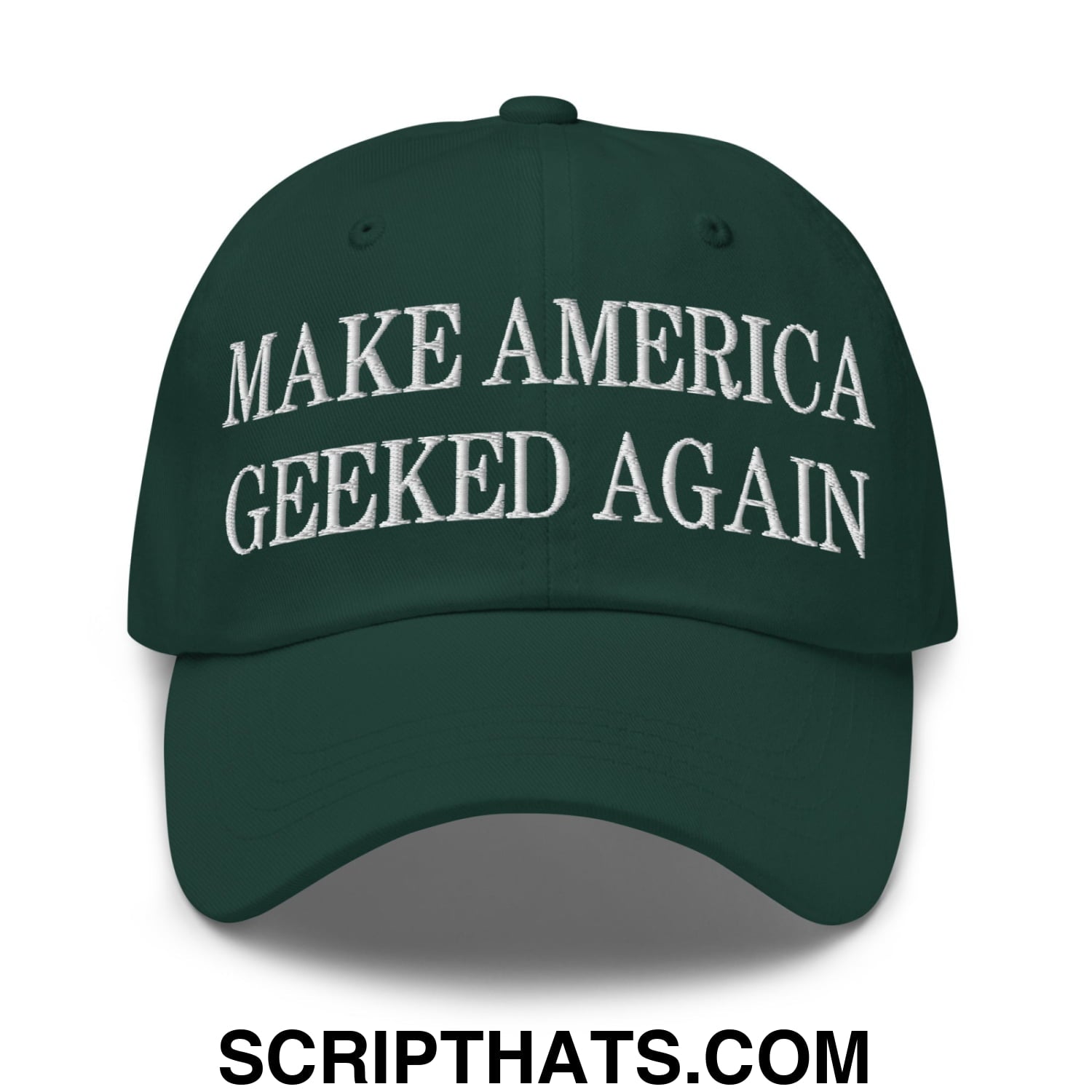 Dark green unstructured dad hat with white embroidered make america geeked again text for casual wear