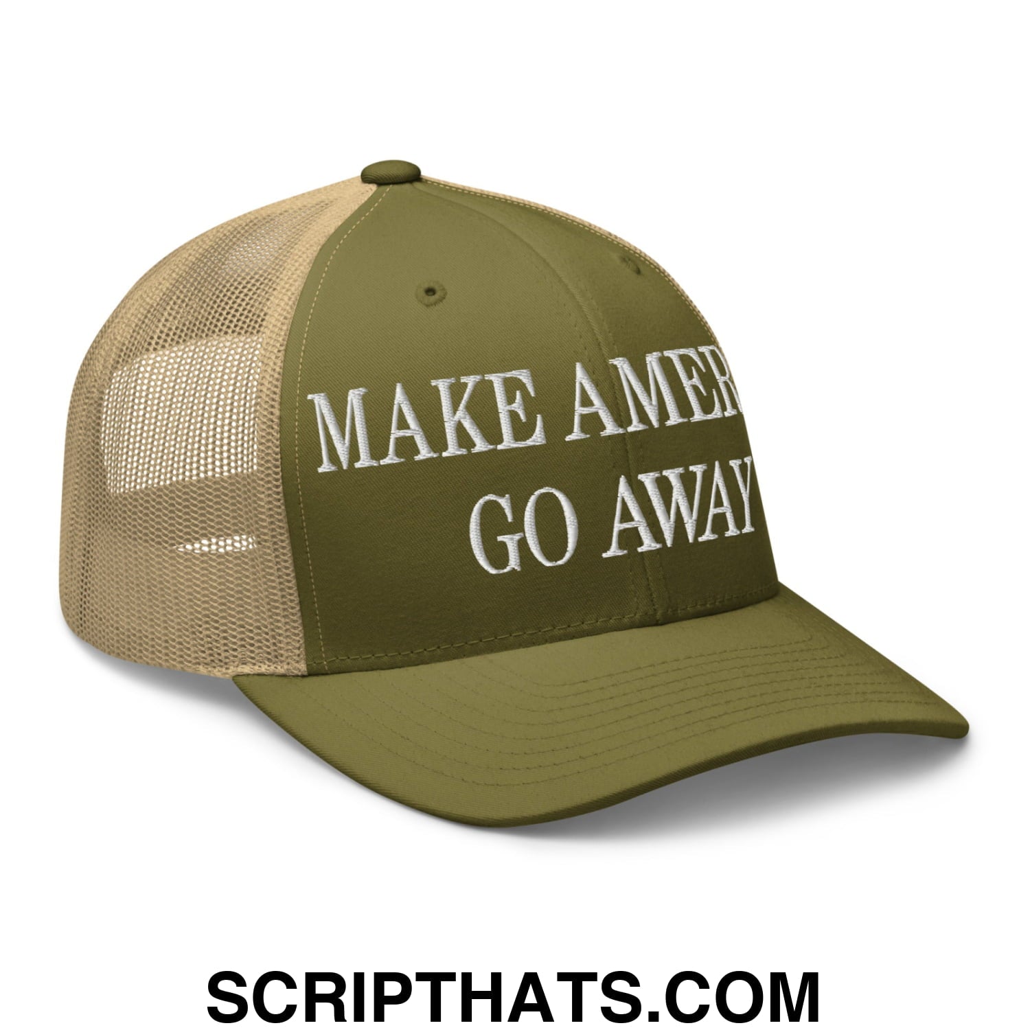 Make America Go Away Embroidered Mesh Trucker Hat Moss Khaki