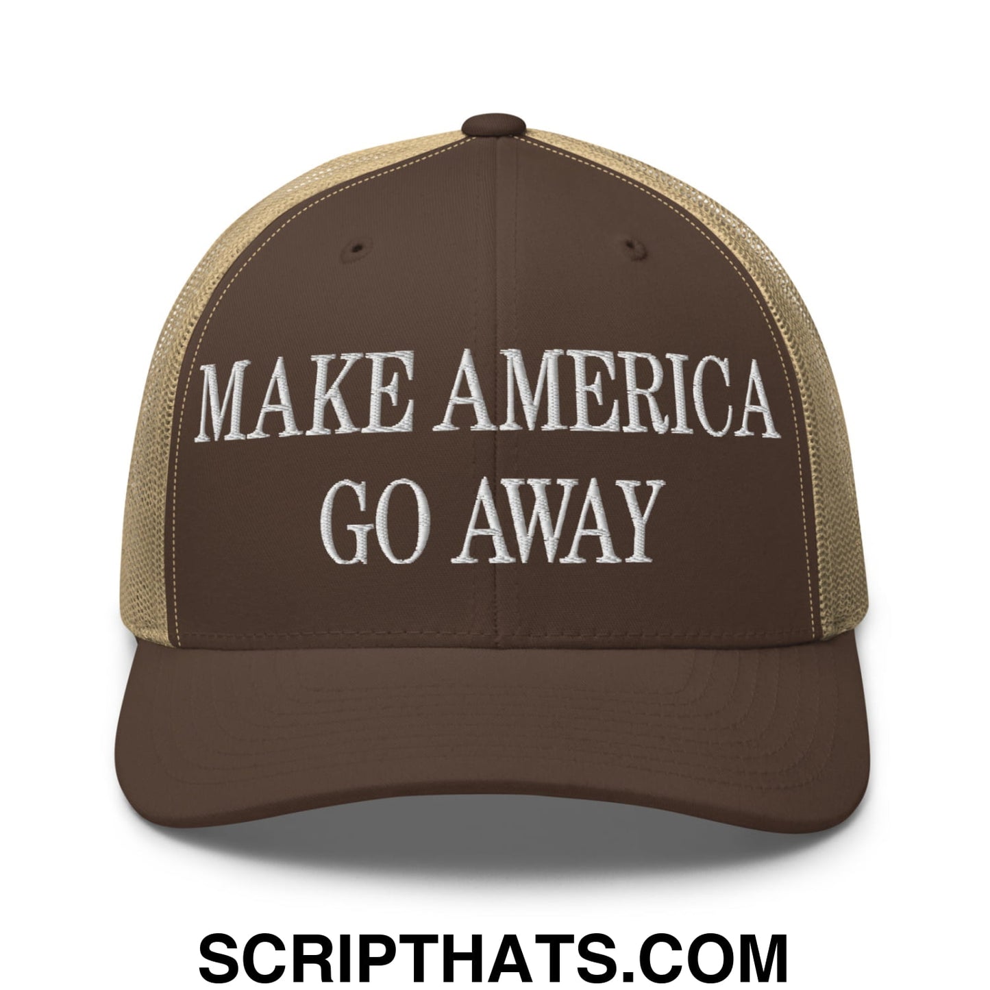 Make America Go Away Embroidered Mesh Trucker Hat Brown Khaki