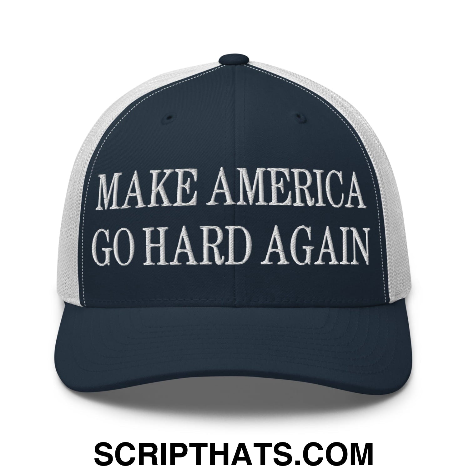 Make America Go Hard Again Embroidered Mesh Trucker Hat Navy White