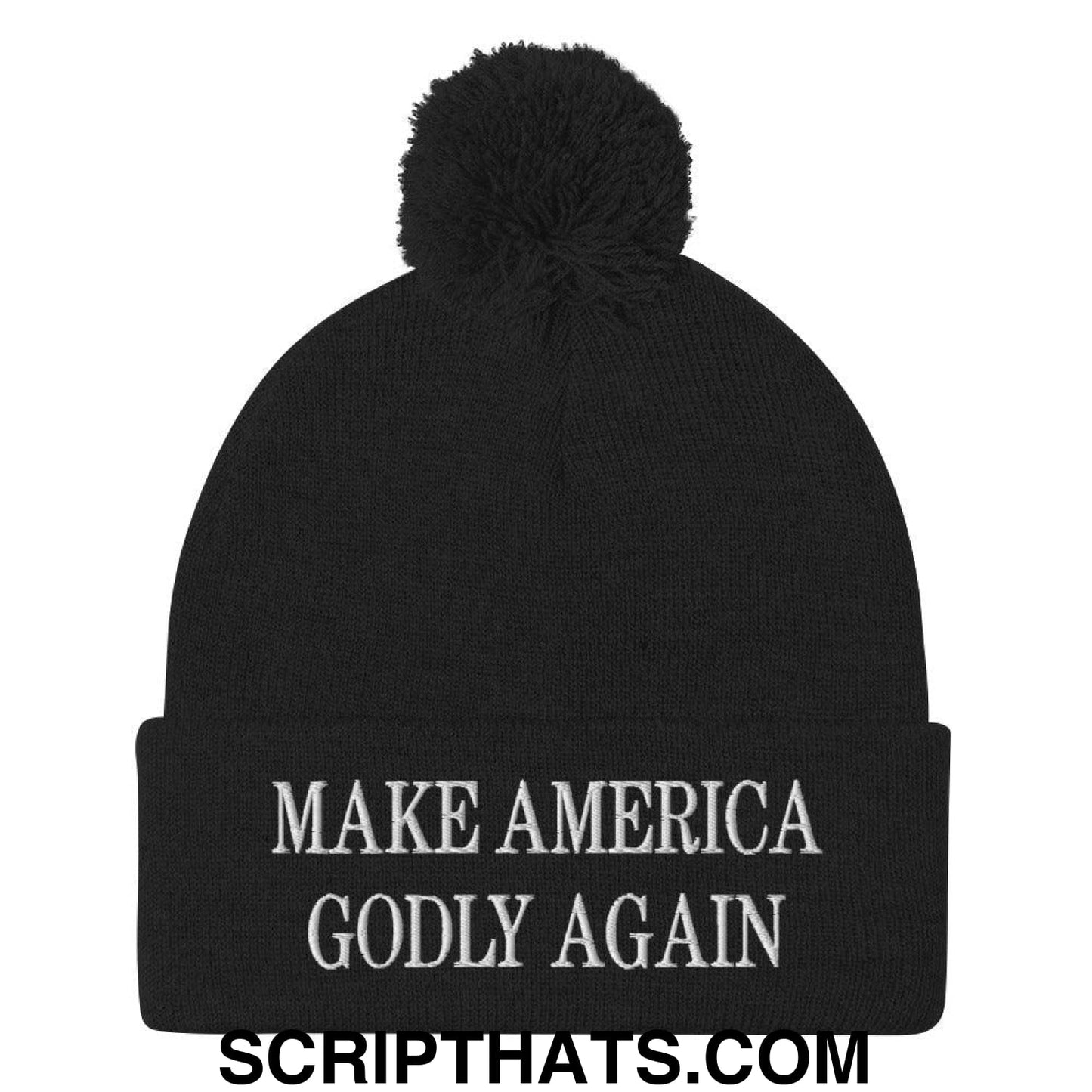 Make America Godly Again Embroidered Knit Pom Pom Beanie Black