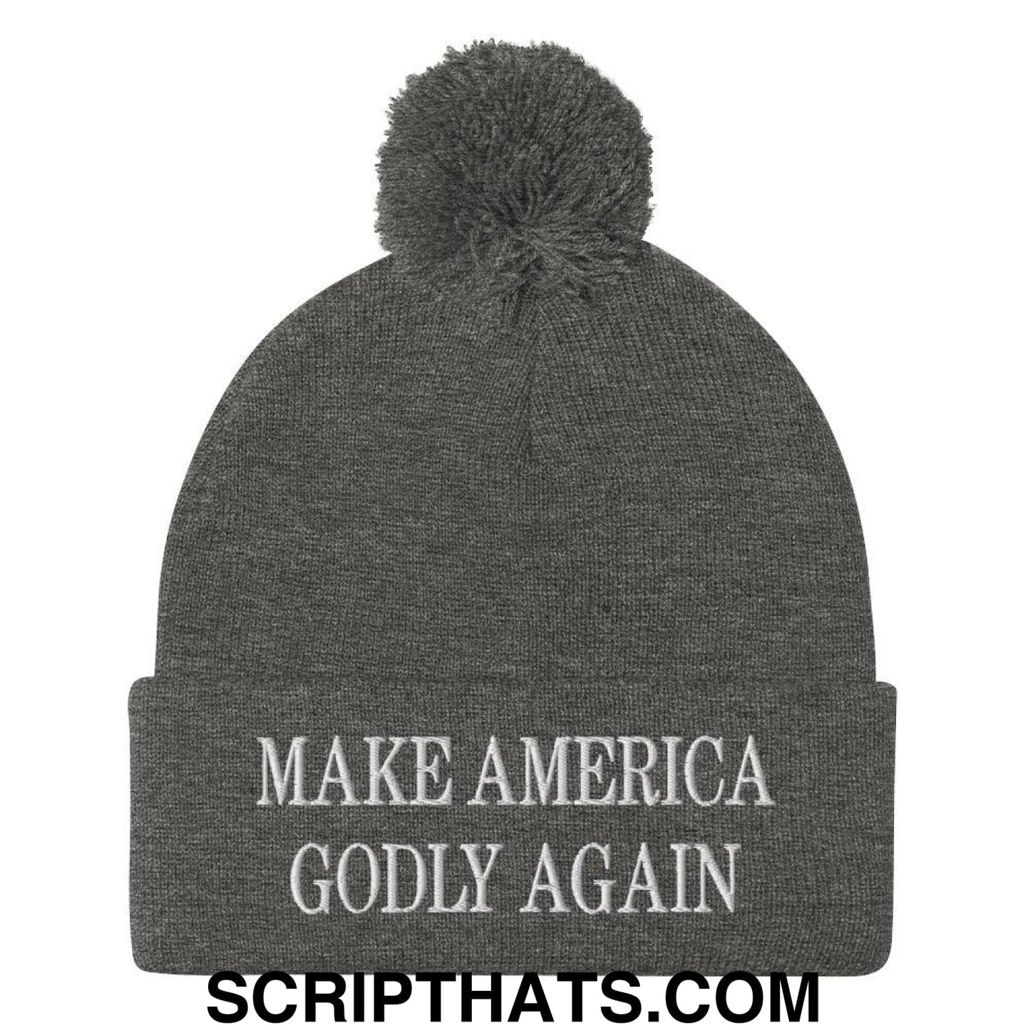 Make America Godly Again Embroidered Knit Pom Pom Beanie Dark Heather Grey