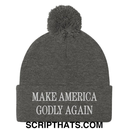 Make America Godly Again Embroidered Knit Pom Pom Beanie Dark Heather Grey