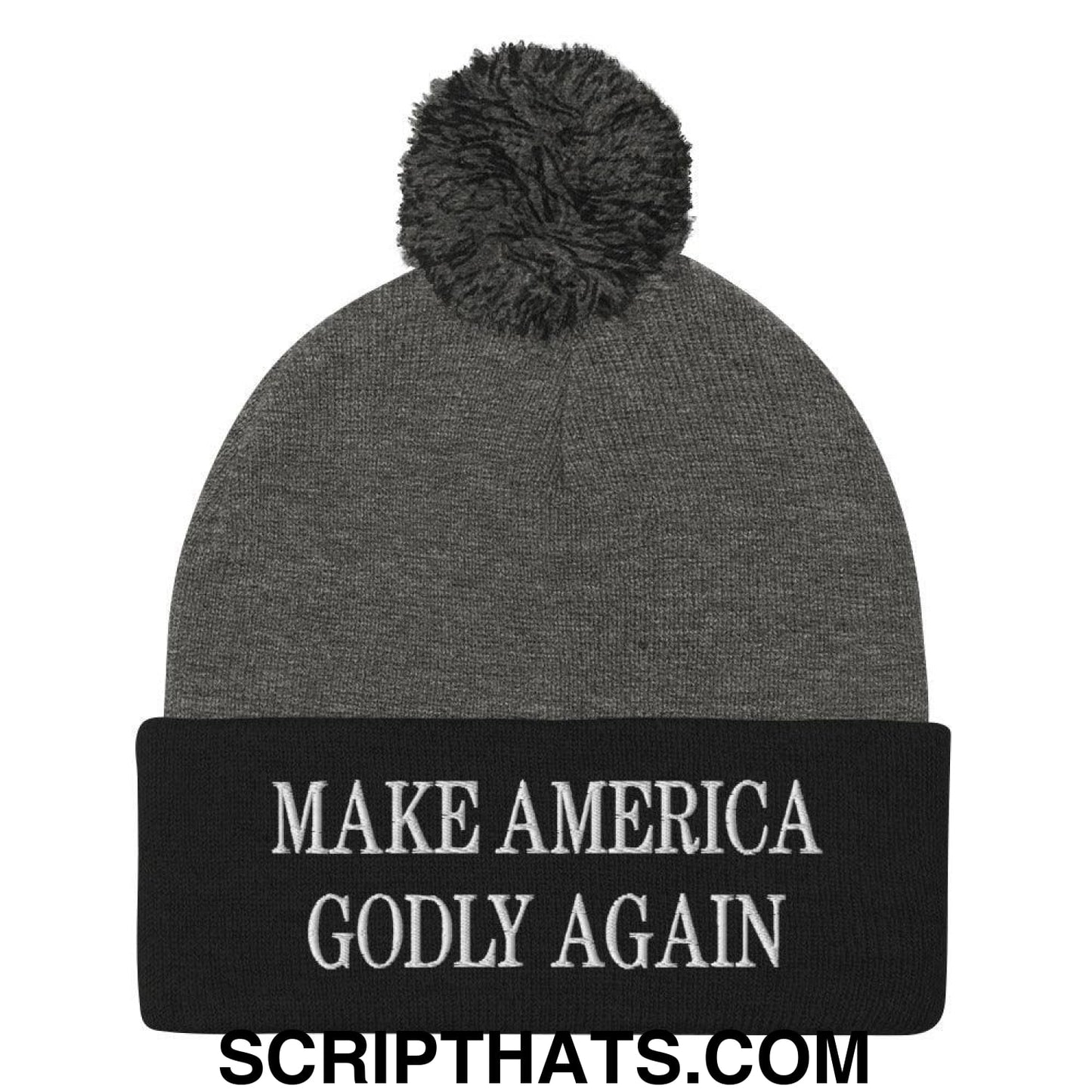 Make America Godly Again Embroidered Knit Pom Pom Beanie Dark Heather Grey Black