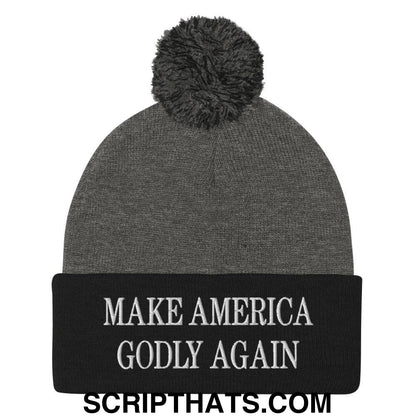 Make America Godly Again Embroidered Knit Pom Pom Beanie Dark Heather Grey Black
