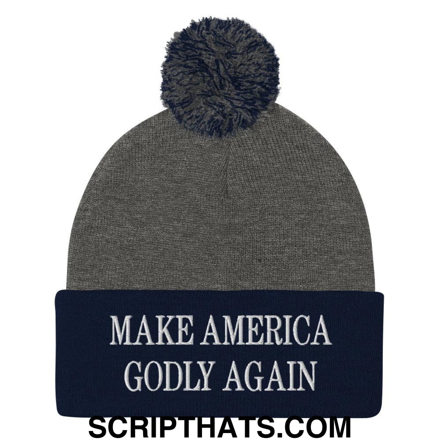 Make America Godly Again Embroidered Knit Pom Pom Beanie Dark Heather Grey Navy