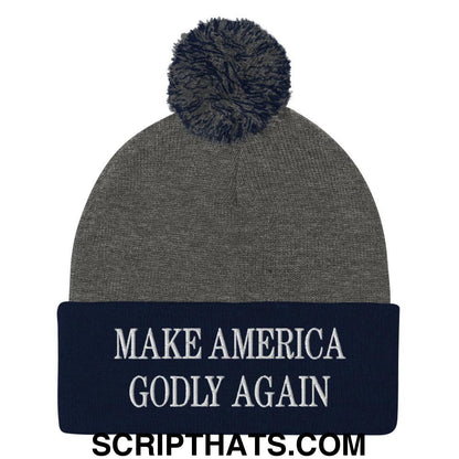 Make America Godly Again Embroidered Knit Pom Pom Beanie Dark Heather Grey Navy