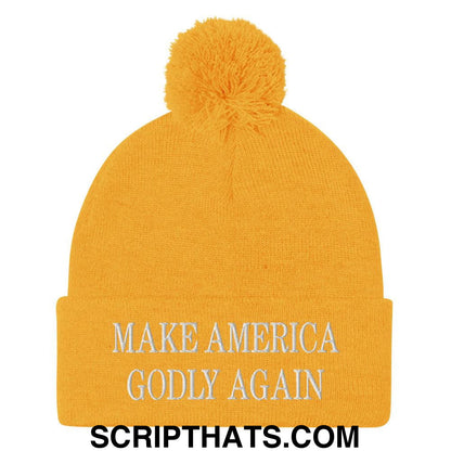 Make America Godly Again Embroidered Knit Pom Pom Beanie Gold