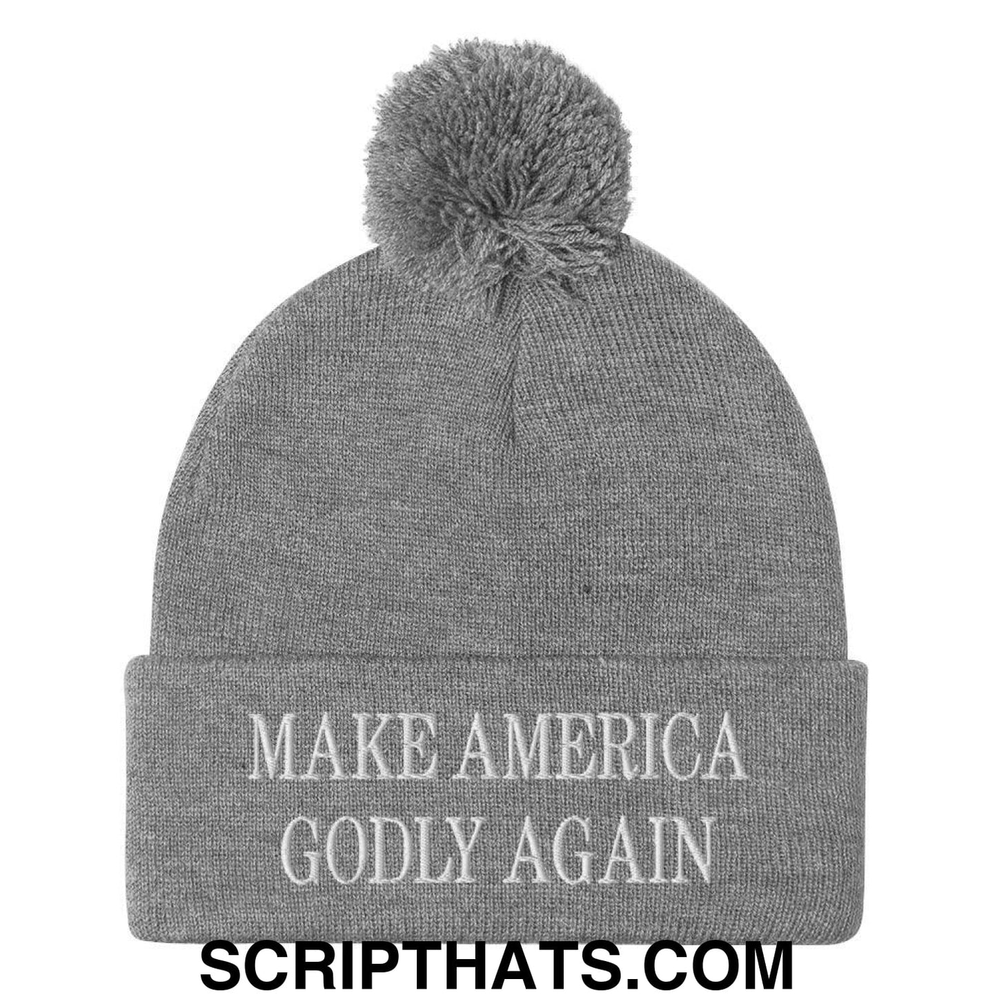 Make America Godly Again Embroidered Knit Pom Pom Beanie Heather Grey