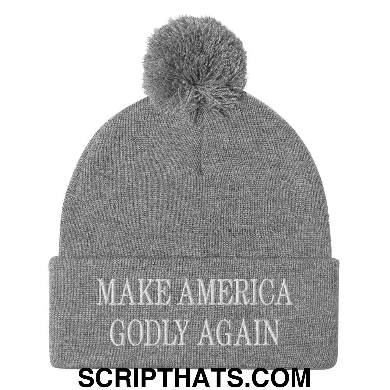 Make America Godly Again Embroidered Knit Pom Pom Beanie Heather Grey