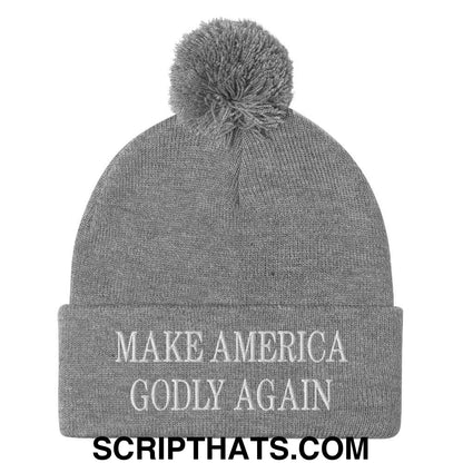 Make America Godly Again Embroidered Knit Pom Pom Beanie Heather Grey