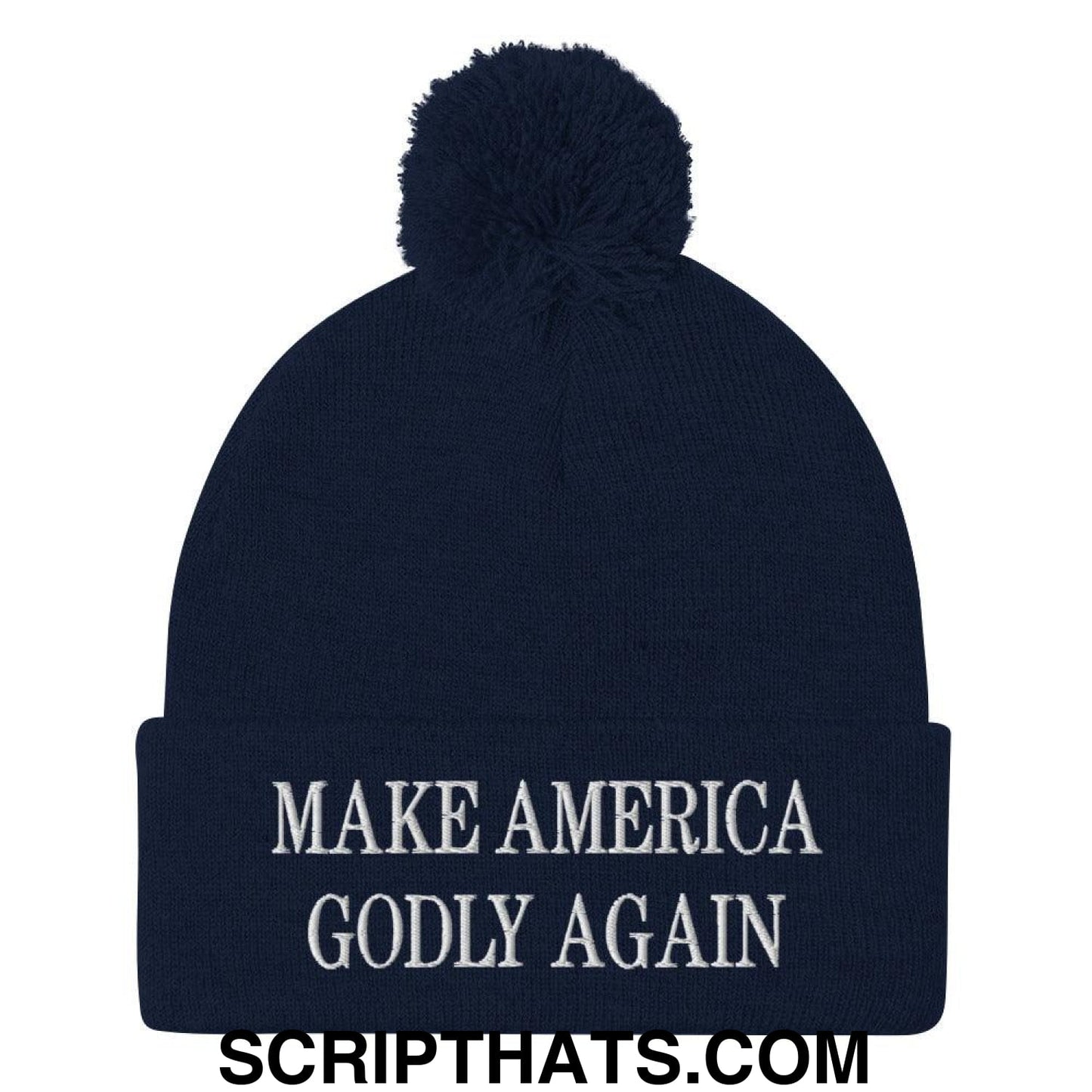 Make America Godly Again Embroidered Knit Pom Pom Beanie Navy