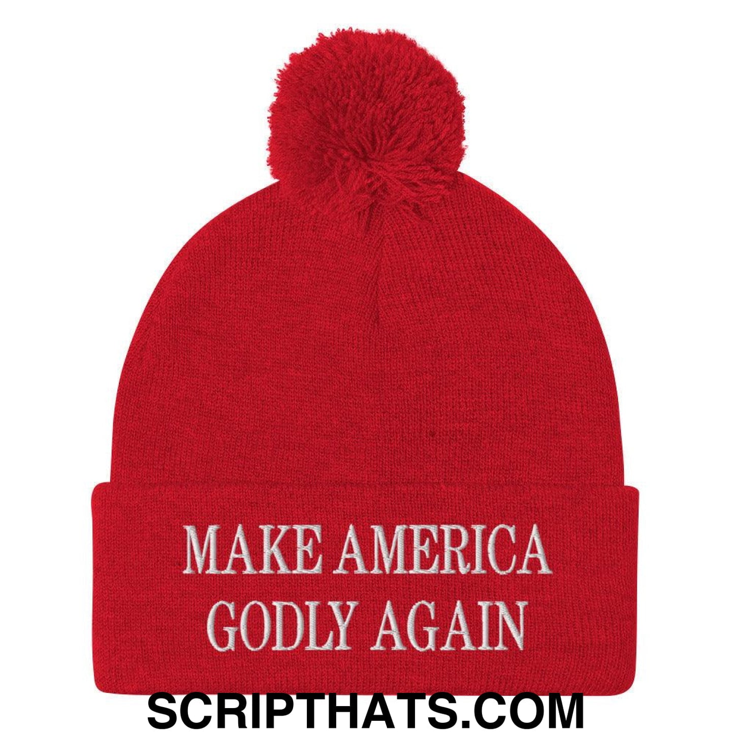 Make America Godly Again Embroidered Knit Pom Pom Beanie Red