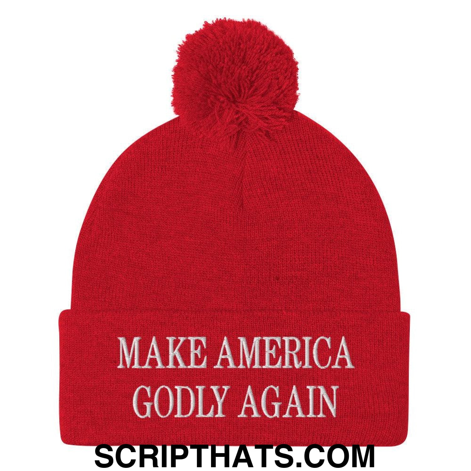 Make America Godly Again Embroidered Knit Pom Pom Beanie Red