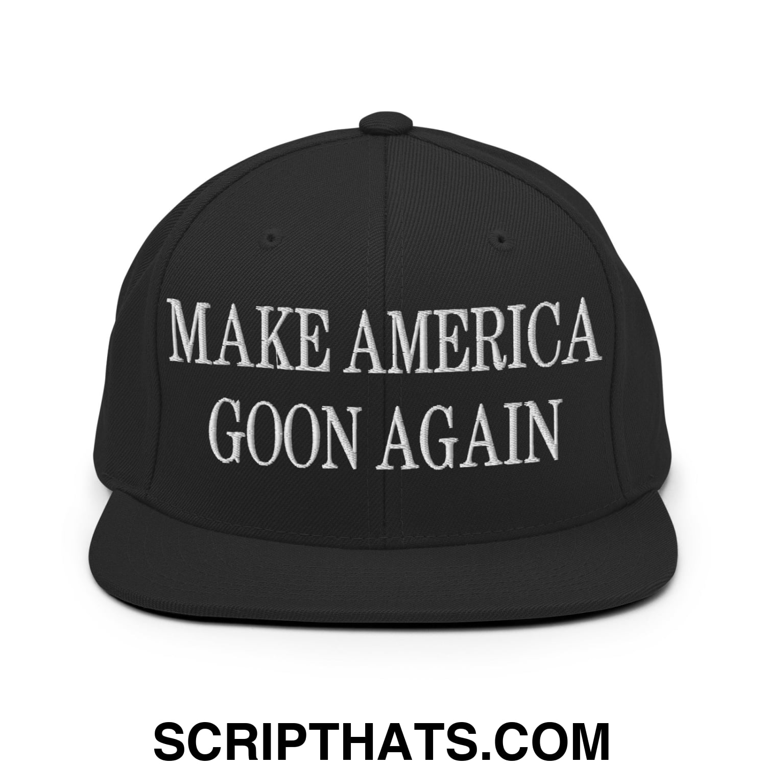 Black snapback cap with white embroidered make america goon again text and flat bill brim for casual wear