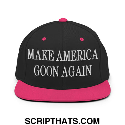 Black snapback cap with vibrant pink brim and button featuring white embroidered make america goon again text