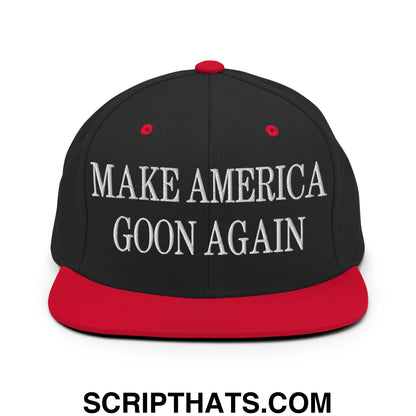 Black snapback cap with red brim and button featuring white embroidered make america goon again text