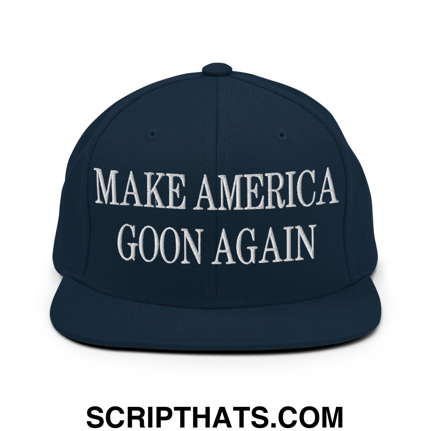 Navy blue snapback hat with white embroidered make america goon again text and flat bill brim design