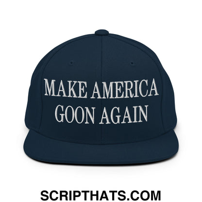 Navy blue snapback hat with white embroidered make america goon again text and flat bill brim design