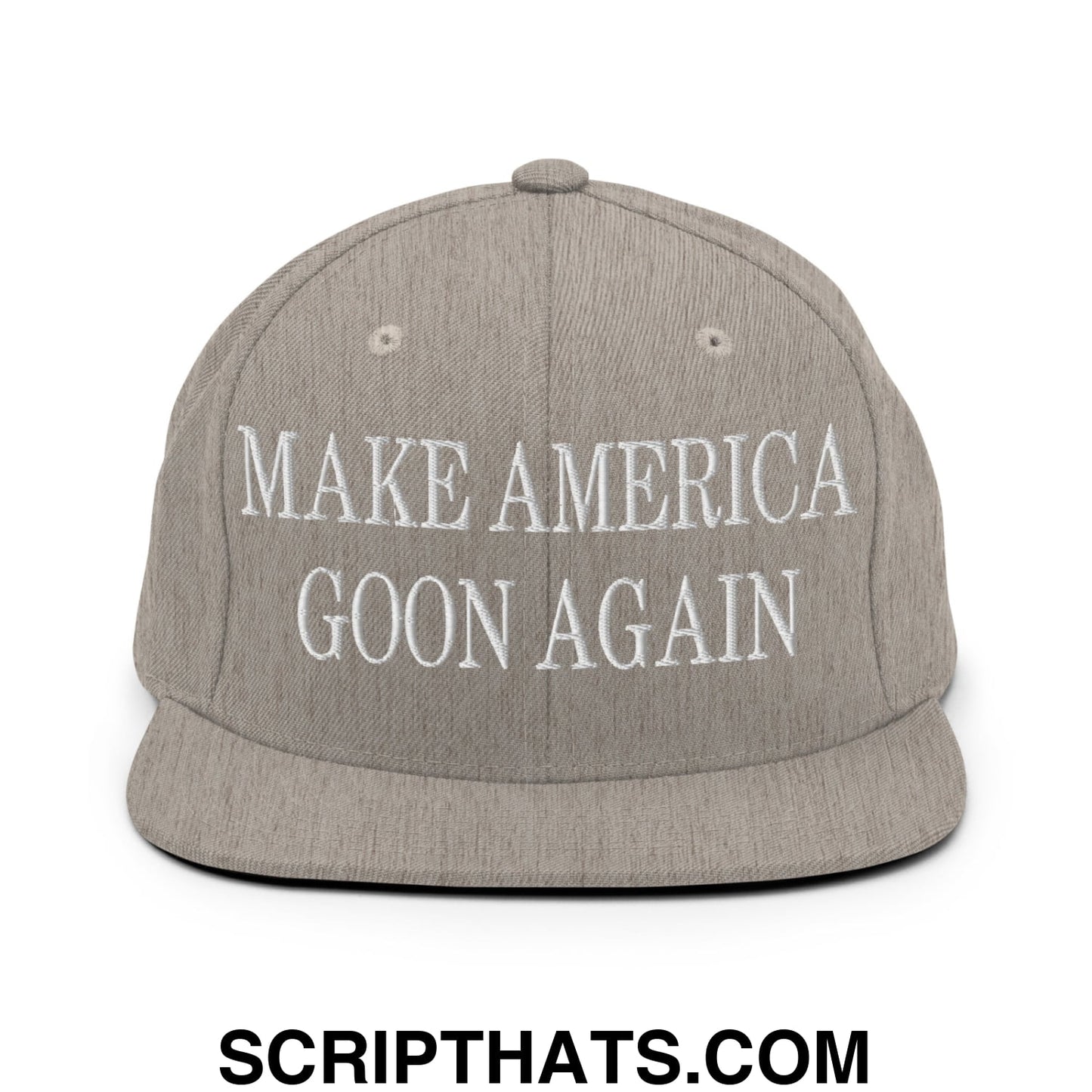 Gray snapback hat with white embroidered text make america goon again flat bill brim adjustable closure