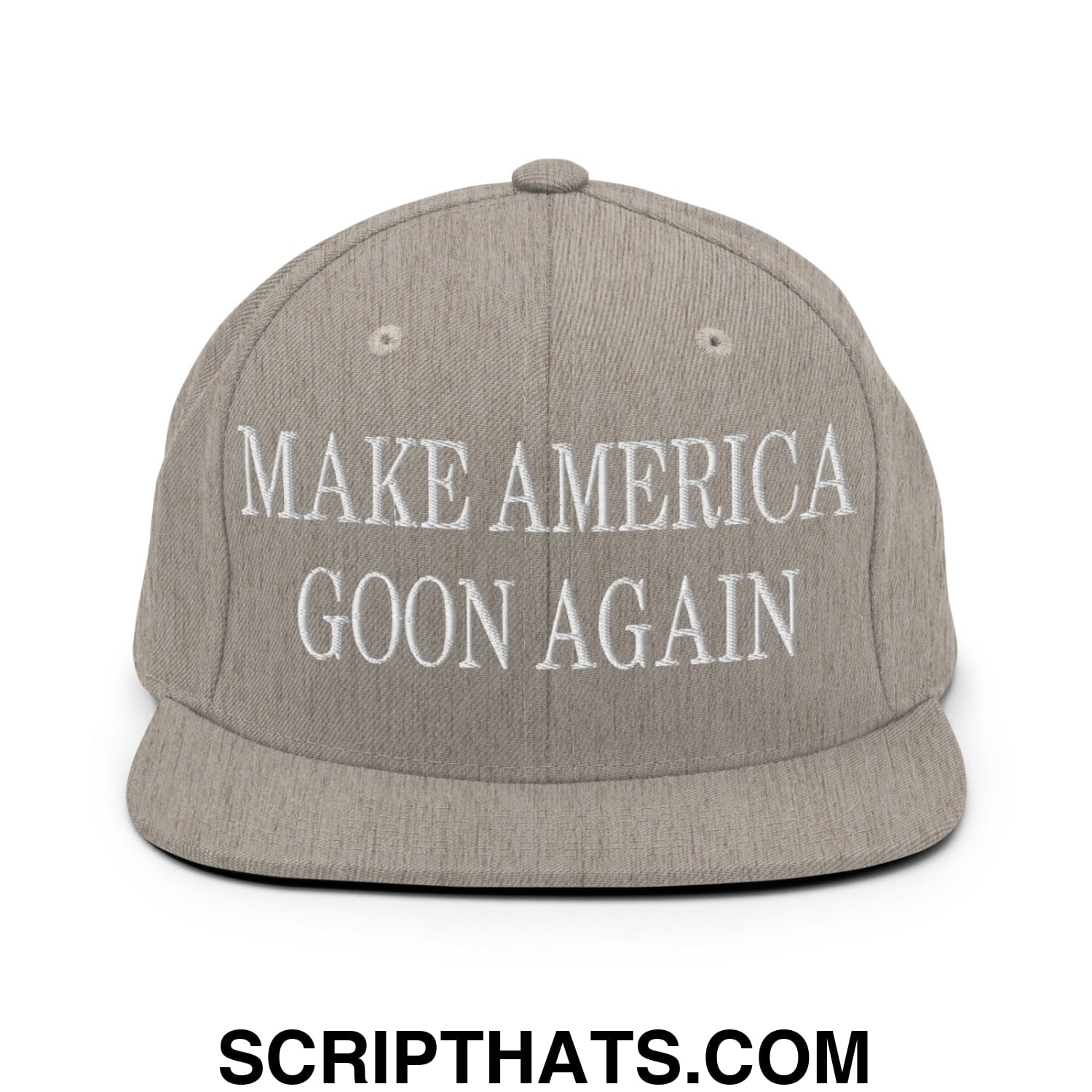 Gray snapback hat with white embroidered text make america goon again flat bill brim adjustable closure