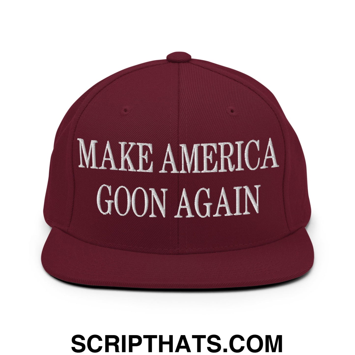Maroon embroidered flat bill brim snapback hat with white make america goon again text for casual wear