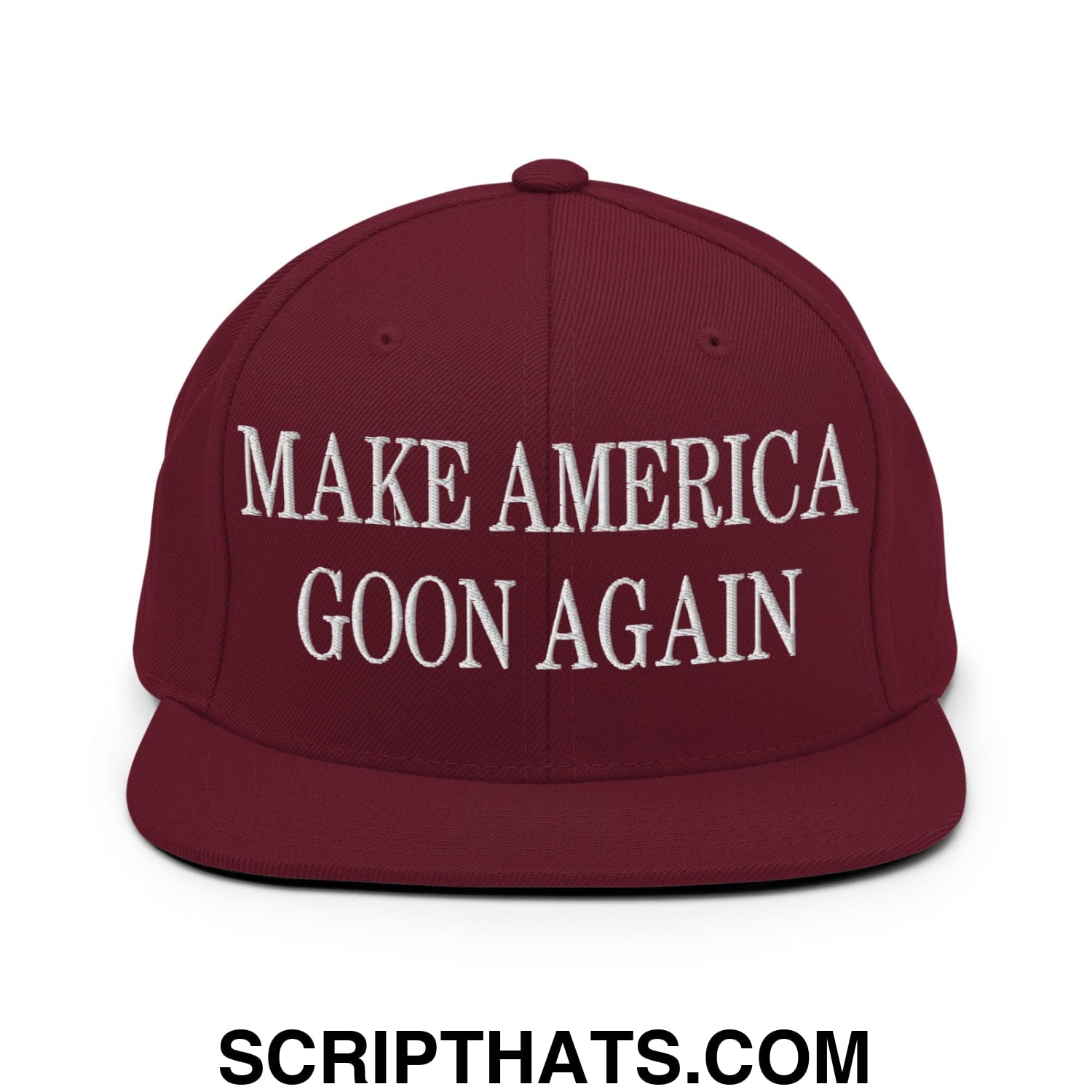 Maroon embroidered flat bill brim snapback hat with white make america goon again text for casual wear