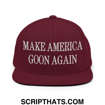 Maroon embroidered flat bill brim snapback hat with white make america goon again text for casual wear