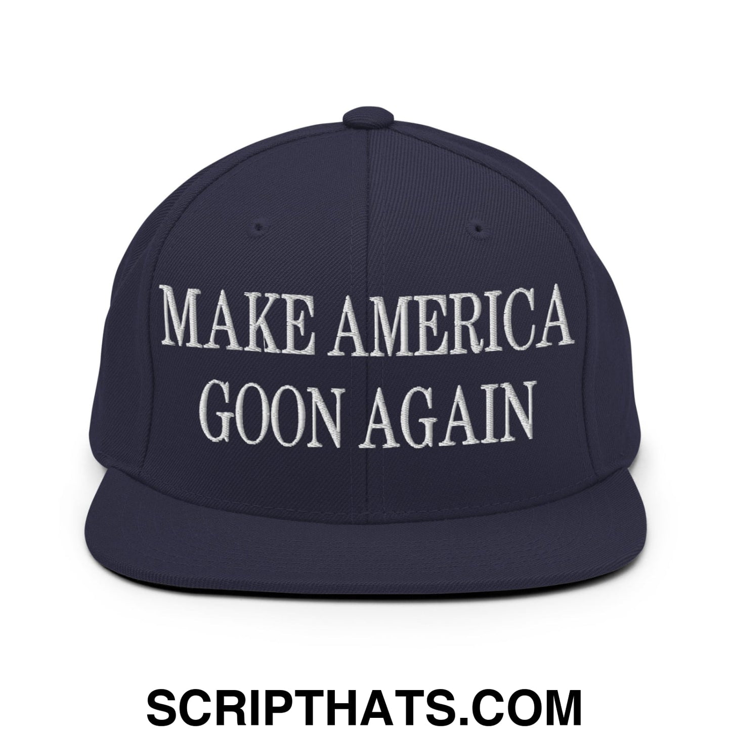 Navy blue snapback hat with white embroidered make america goon again text and flat bill brim design
