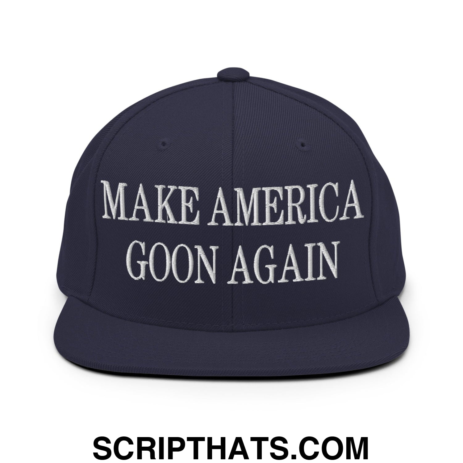 Navy blue snapback hat with white embroidered make america goon again text and flat bill brim design