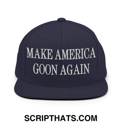 Navy blue snapback hat with white embroidered make america goon again text and flat bill brim design