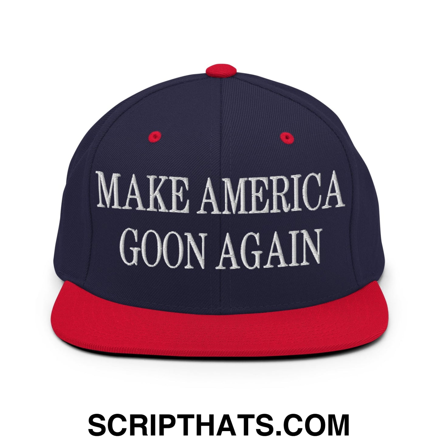 Navy blue and red snapback cap with white embroidered make america goon again text and flat bill brim design