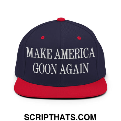 Navy blue and red snapback cap with white embroidered make america goon again text and flat bill brim design