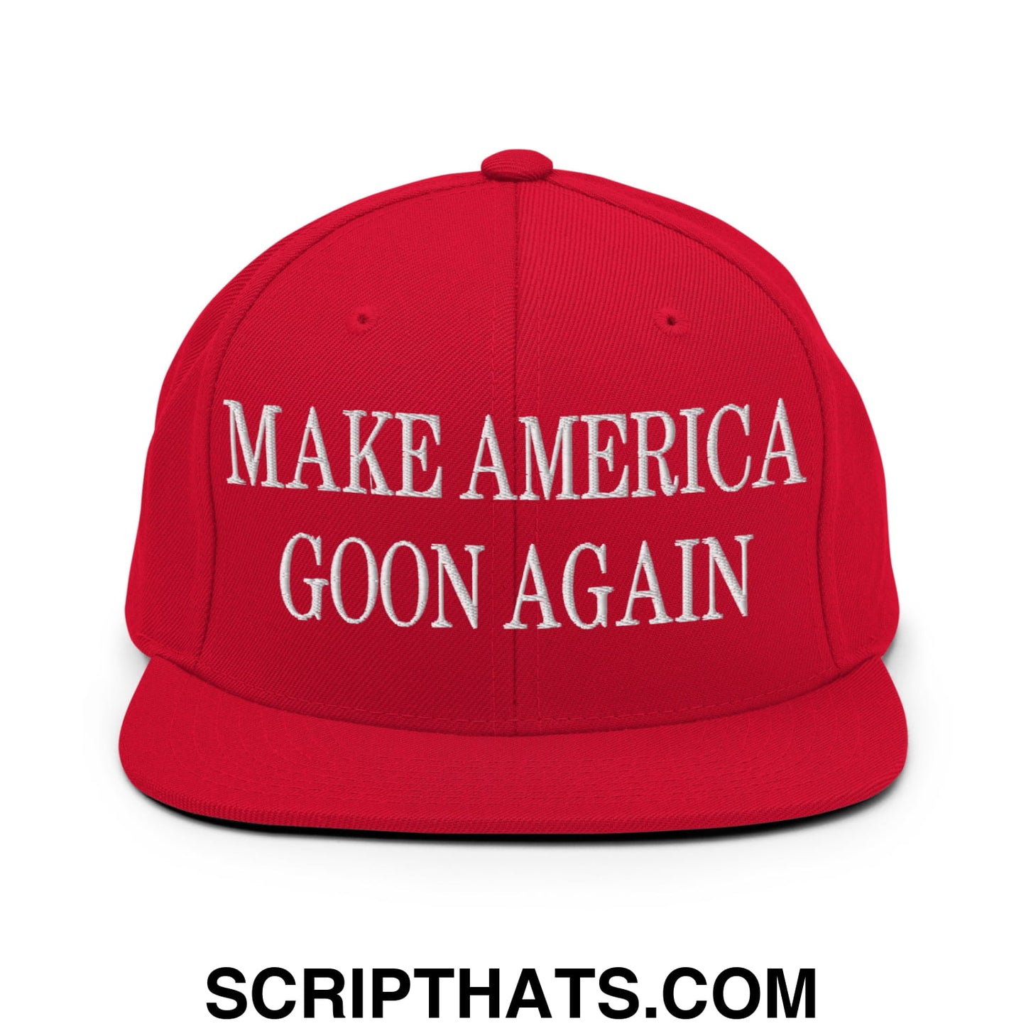 Red snapback cap with white embroidered text make america goon again featuring a flat bill brim and adjustable closure