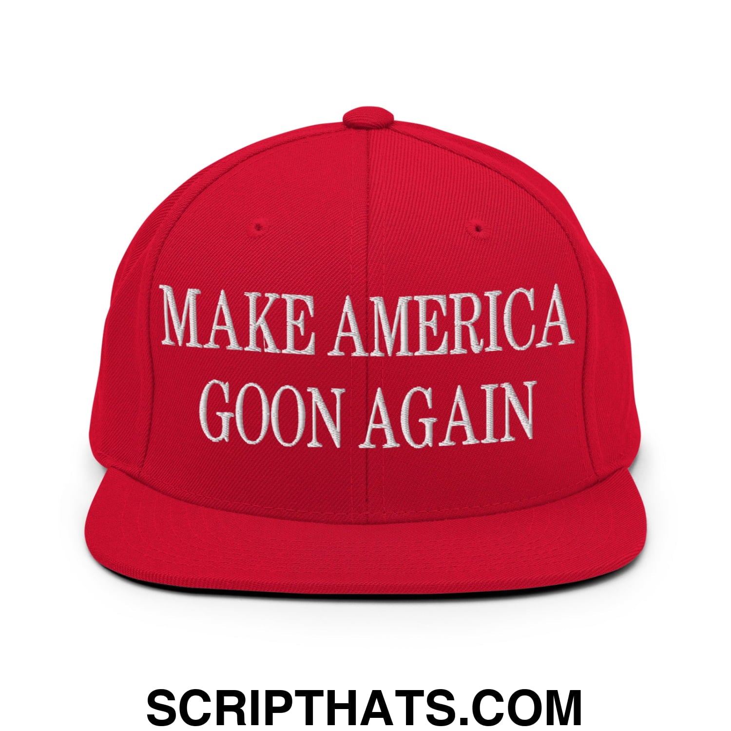 Red snapback cap with white embroidered text make america goon again featuring a flat bill brim and adjustable closure