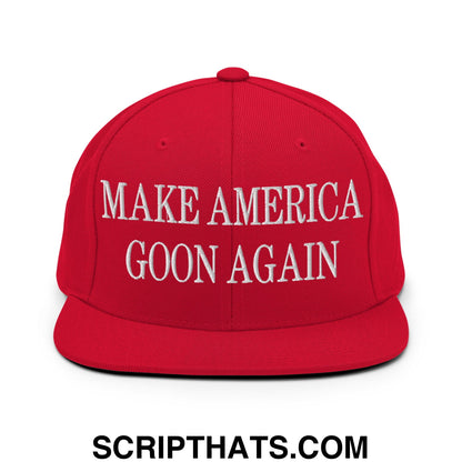 Red snapback cap with white embroidered text make america goon again featuring a flat bill brim and adjustable closure
