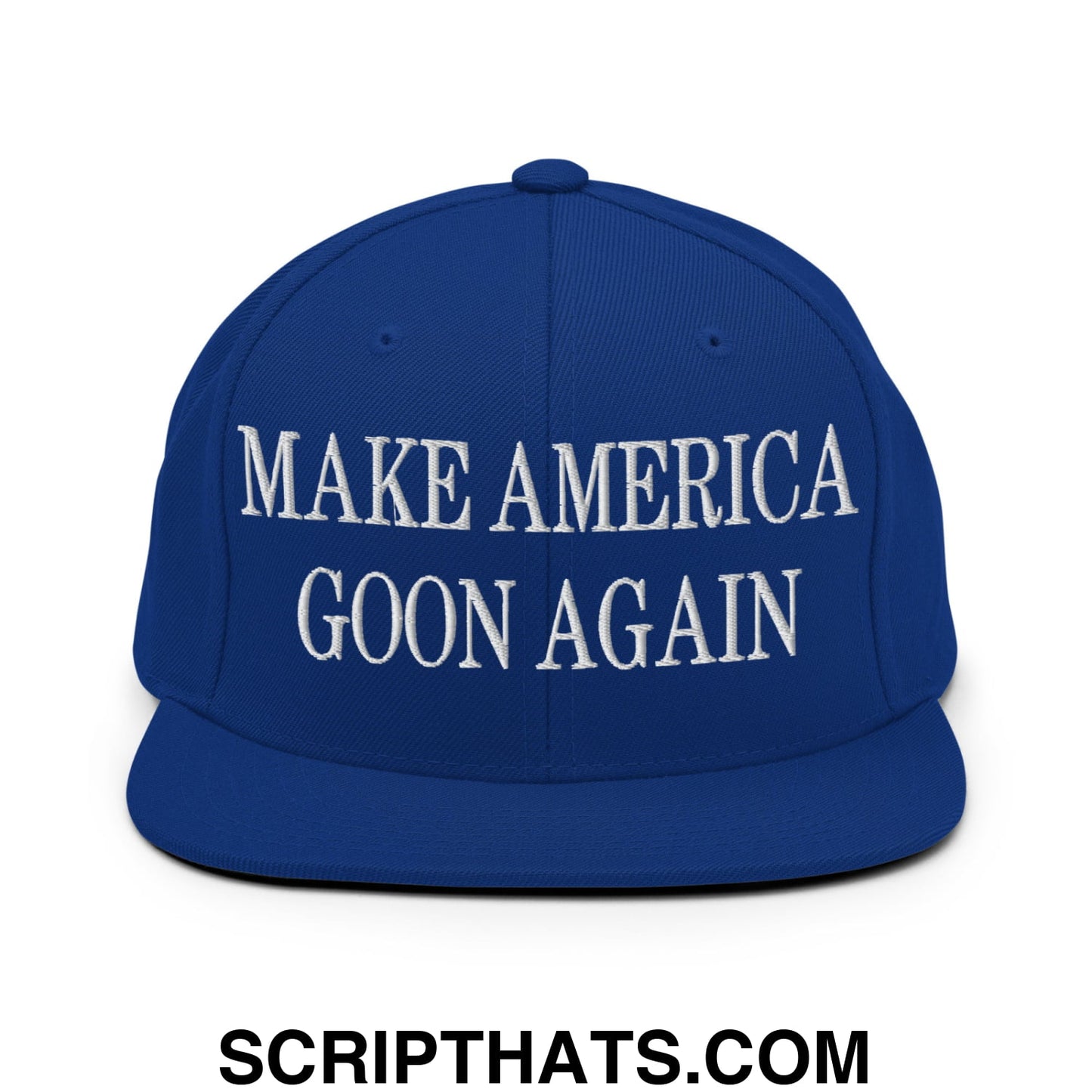 Royal blue flat bill brim snapback hat with white embroidered text make america goon again for casual wear