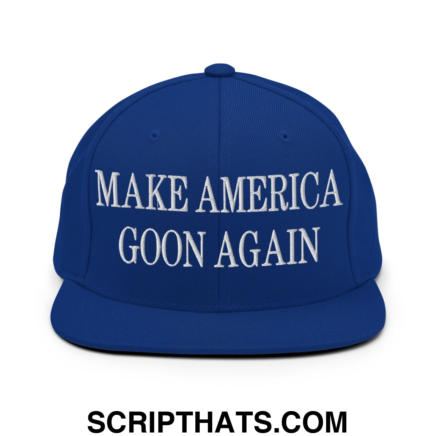 Royal blue flat bill brim snapback hat with white embroidered text make america goon again for casual wear