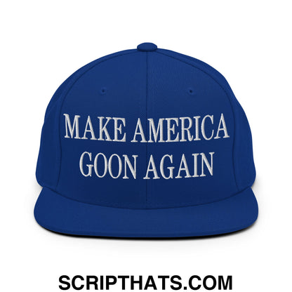 Royal blue flat bill brim snapback hat with white embroidered text make america goon again for casual wear