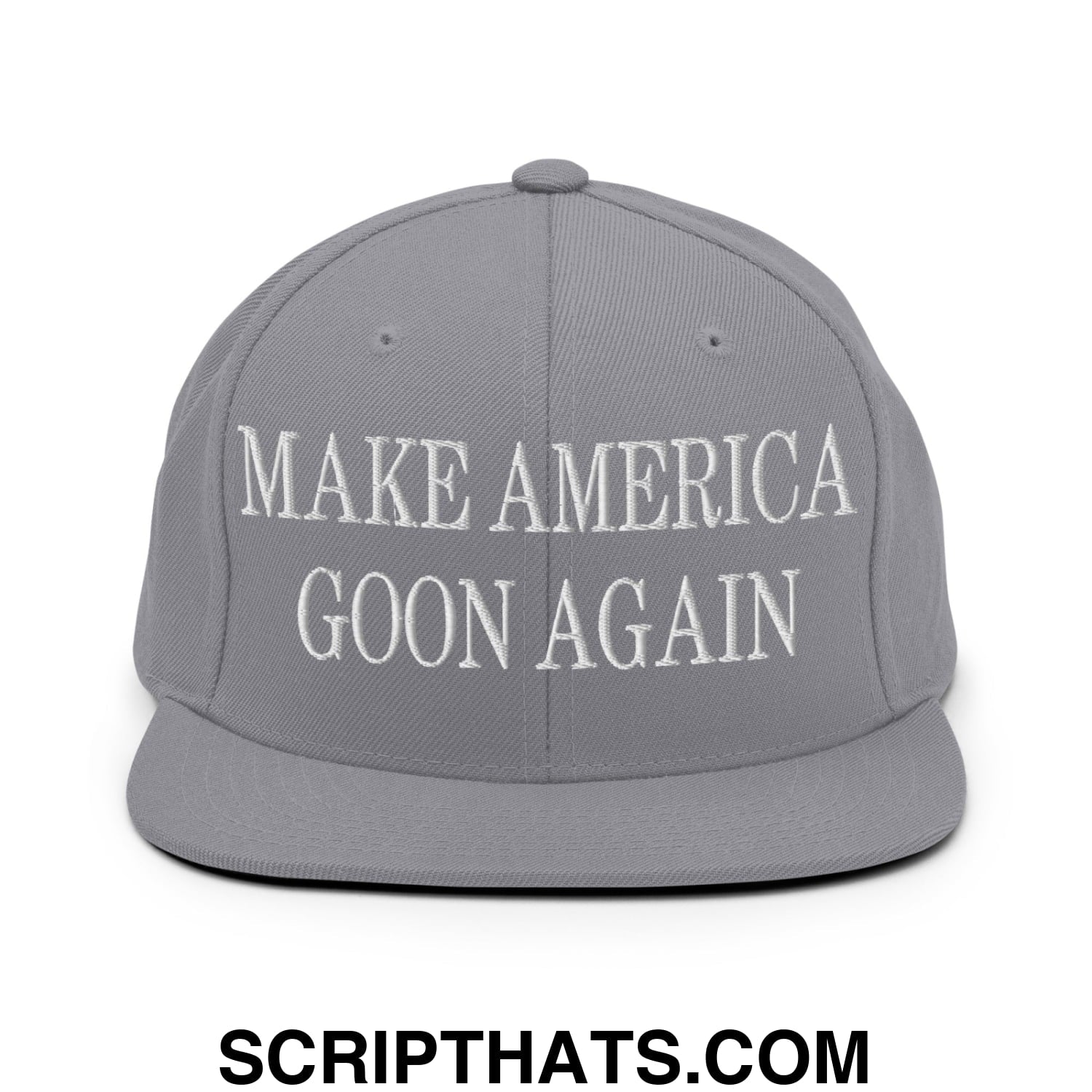 Gray flat bill brim snapback hat with white embroidered text reading make america goon again for casual wear