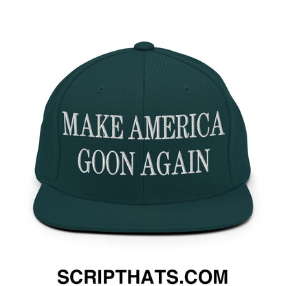 Dark green snapback cap with white embroidered make america goon again text and flat bill brim design