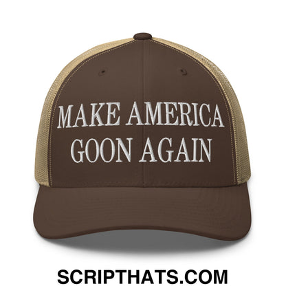 Brown and tan mesh trucker hat with white embroidered make america goon again text on front panel