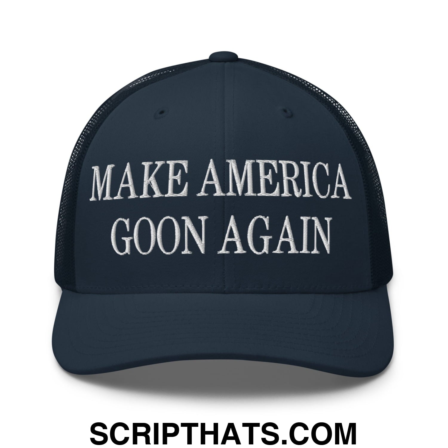 Dark navy blue mesh trucker hat with white embroidered make america goon again text on the front panel