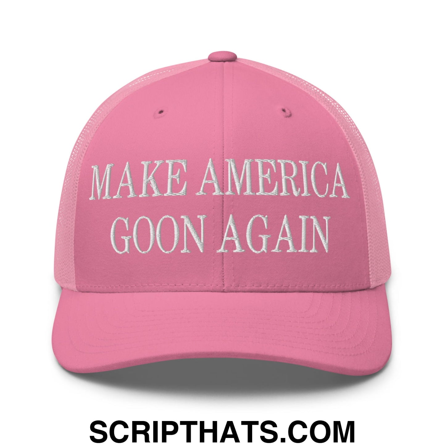 Pink mesh trucker hat with white embroidered text make america goon again across the front
