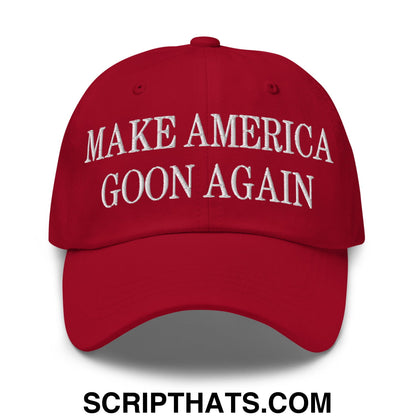 Red embroidered unstructured dad hat with white text make america goon again for casual wear