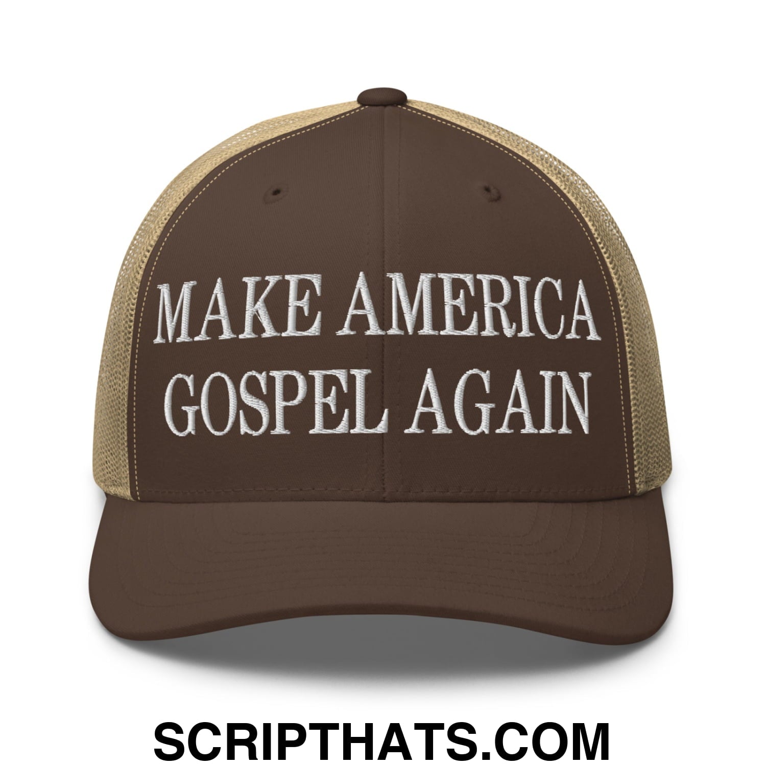 Make America Gospel Again Embroidered Mesh Trucker Hat Brown Khaki