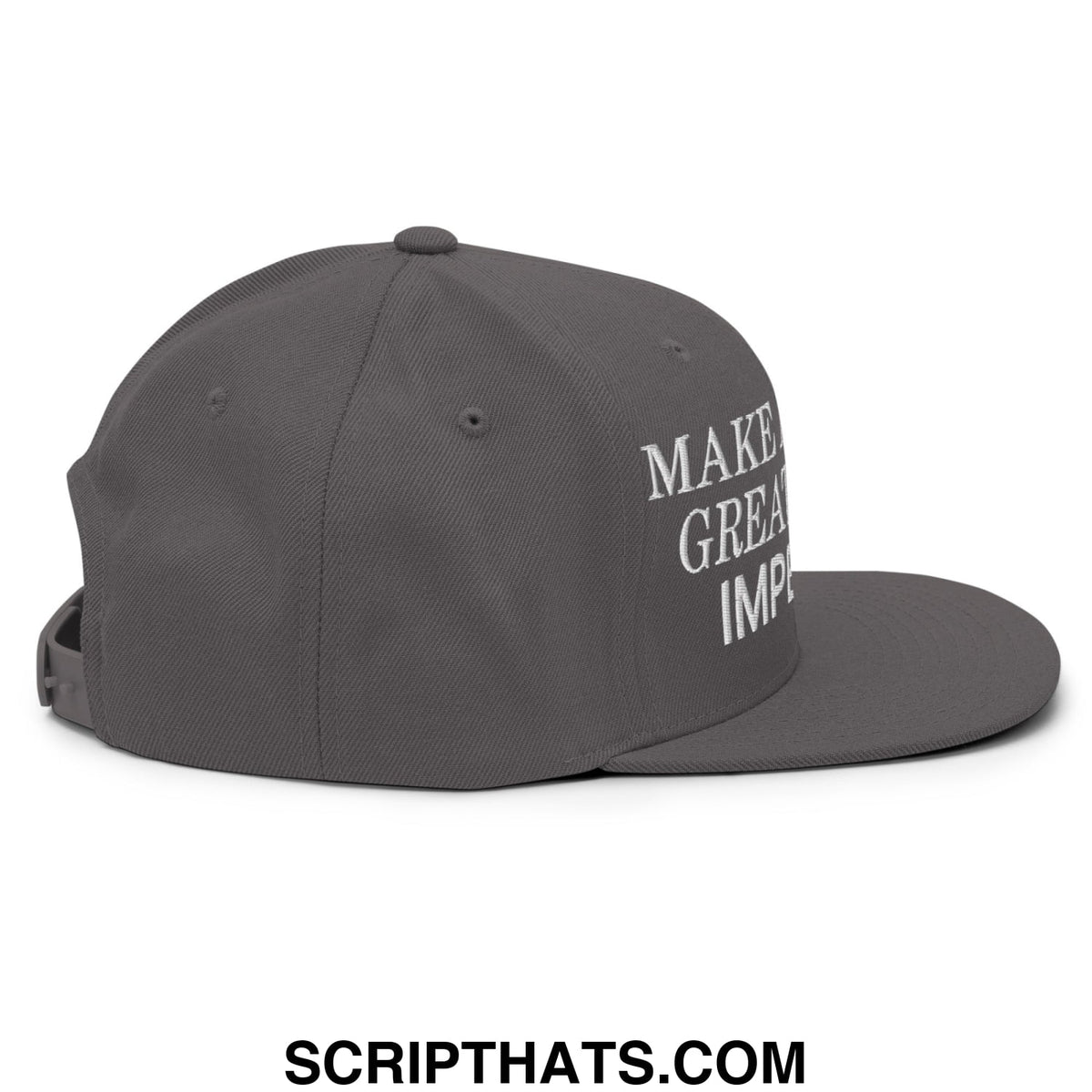 Dark gray snapback cap with white embroidered make great imp text on the side from maga impeach flat bill hat