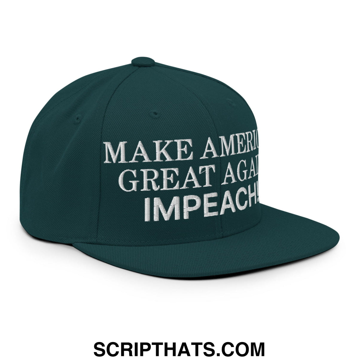 Dark green snapback hat with white embroidered make america great again impeach text and flat bill brim