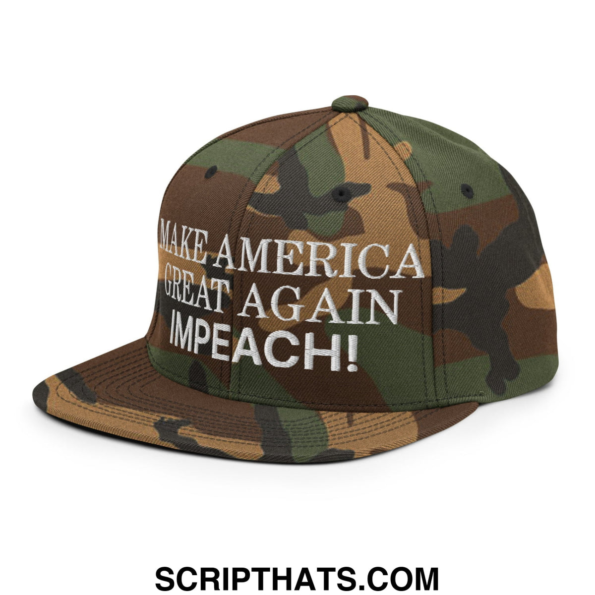 Camouflage snapback hat with white embroidered make america great again impeach text and flat bill brim